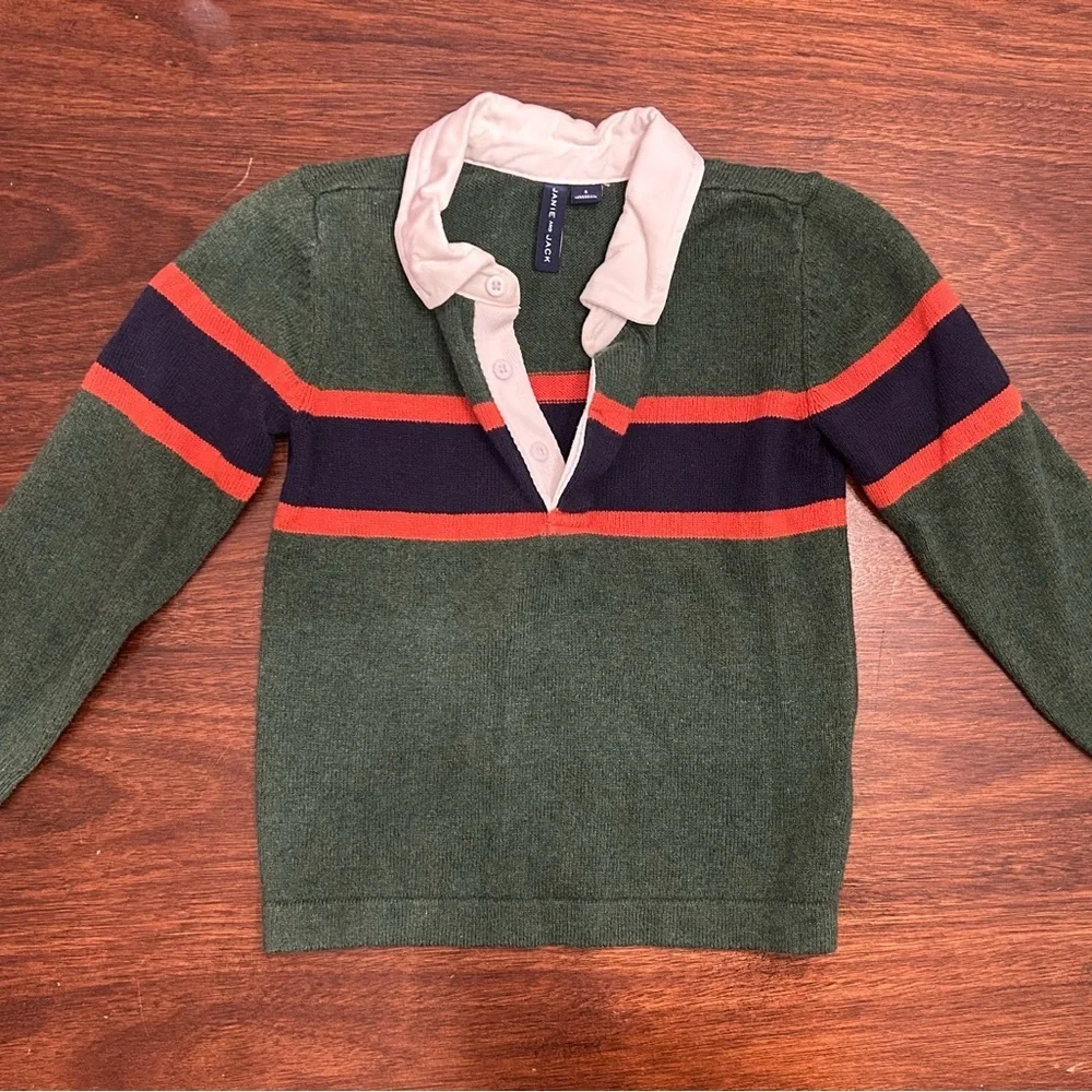 Janie and Jack Green Sweater with Orange and Navy Stripes